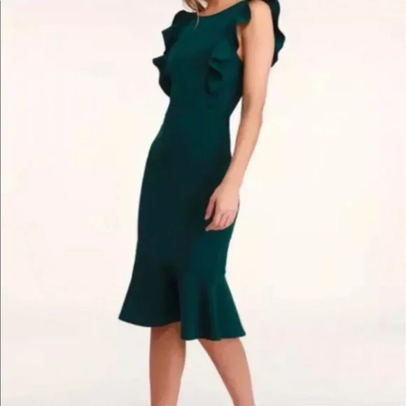 Lulu’s Emerald Green Hearts Aflutter Bodycon Trumpet Midi Ruffle Hem Dress - Picture 1 of 14